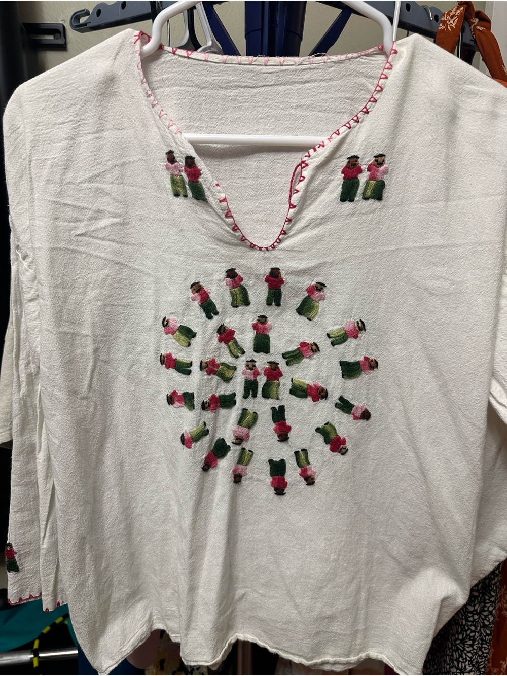 Hand-Embroidered White Cotton Peasant Top with Pink & Green Accents